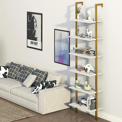 Miniatura 4 de Wolawu Estantería de escalera de 6 niveles de mármol blanco estantería moderna abierta alta para montaje en pared, estantes de pared inclinados,