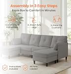 87" Velours U-Shaped 6-Seat Canapé avec double chaise, Gris clair