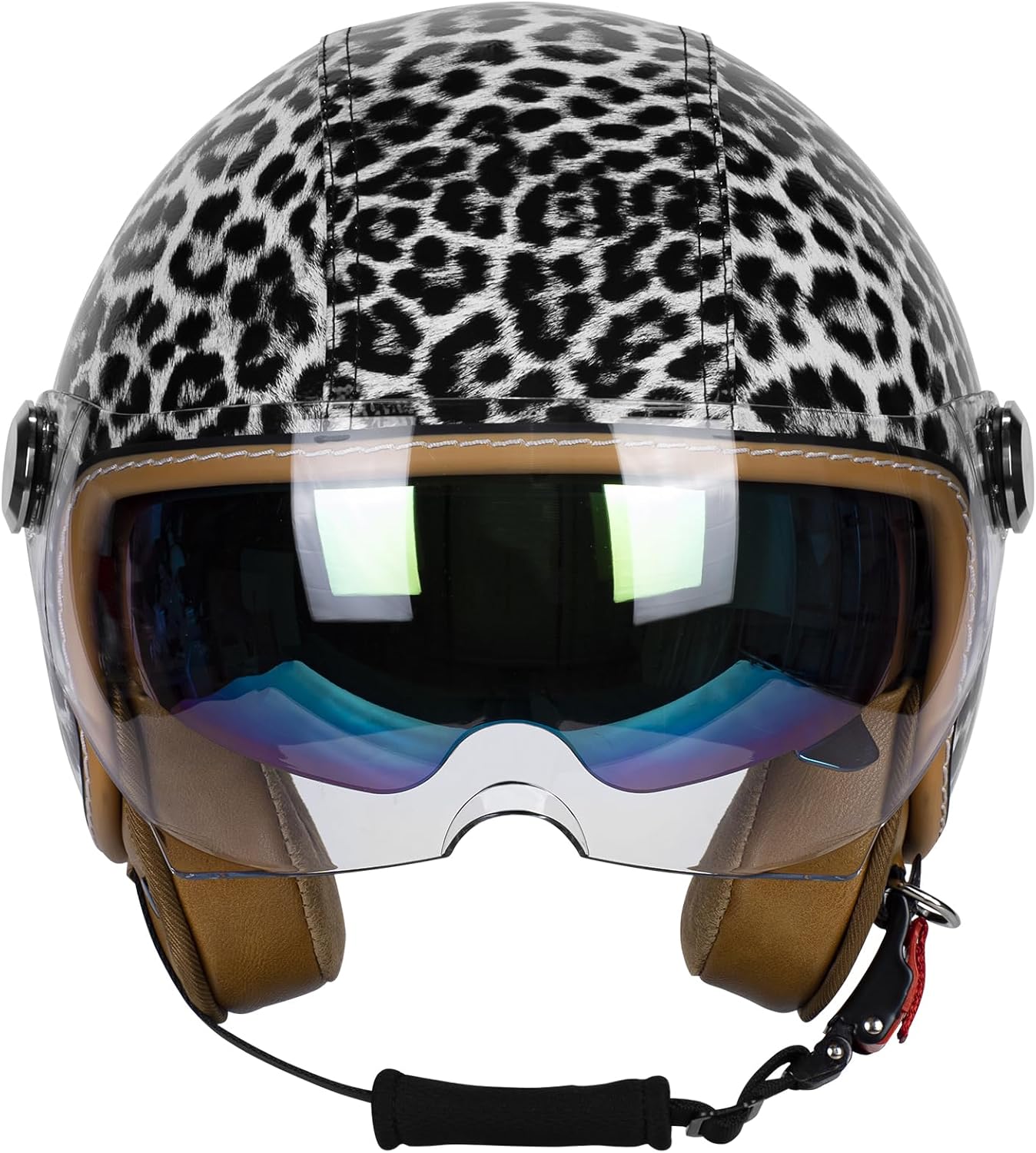 Vintage Glossy PU Leather 3/4 Motorcycle Helmet, DOT Certified Open Face Helmets with Dual Visor,Half Face Moped Helmet for Cruiser Scooter