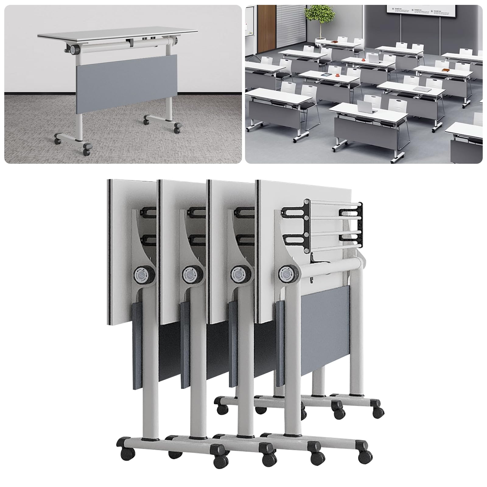 Tavolo da formazione pieghevole per sale conferenze, tavolo mobile per formazione con ruote silenziose, bianco, impilabile, con ruote, per seminari, riunioni, ufficio, sala riunioni, aula