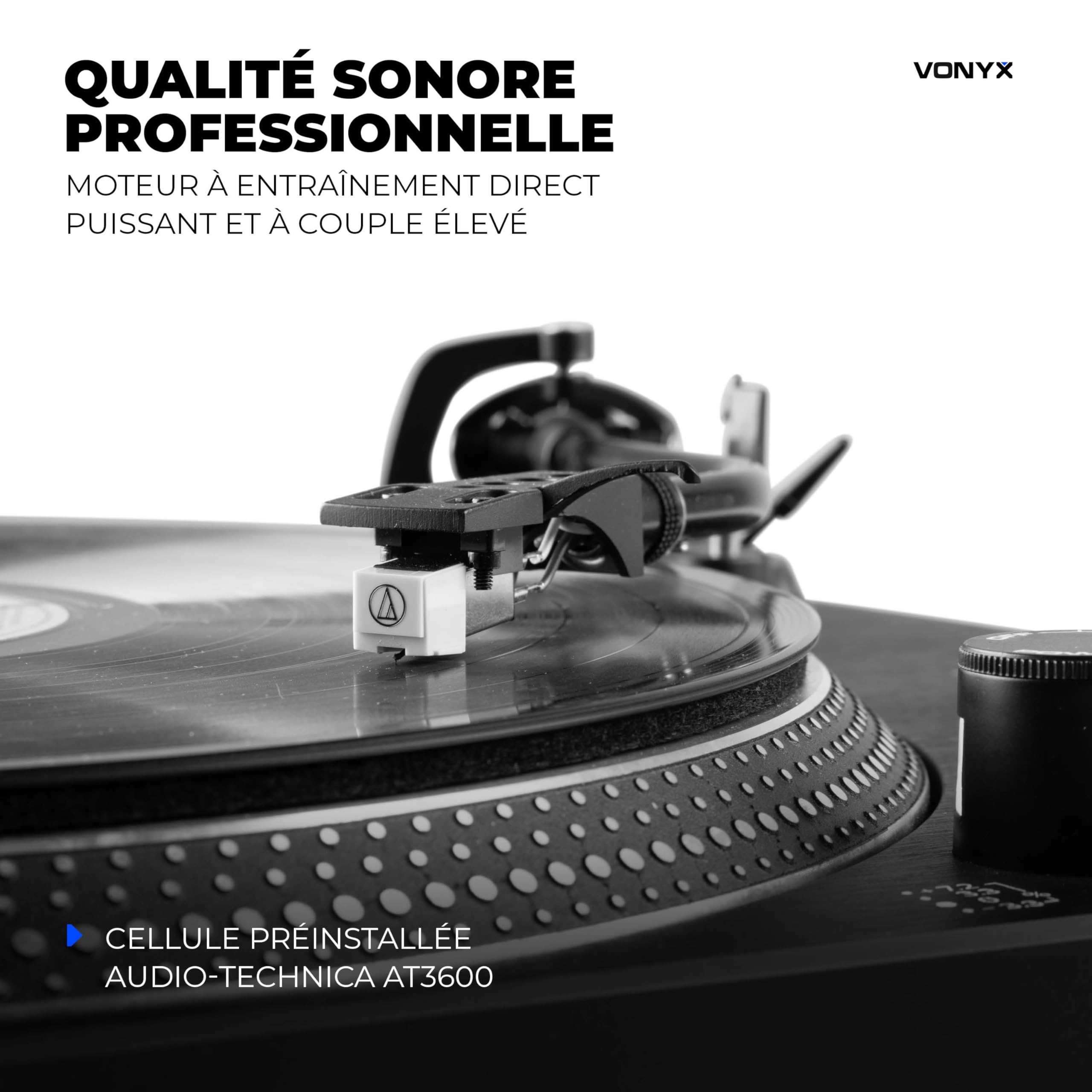 Vonyx DT6000 Platine Vinyle DJ Direct Drive avec Cellule Audio-Technica, Entrainement Direct 33/45 Tours pour Mix et Scratch