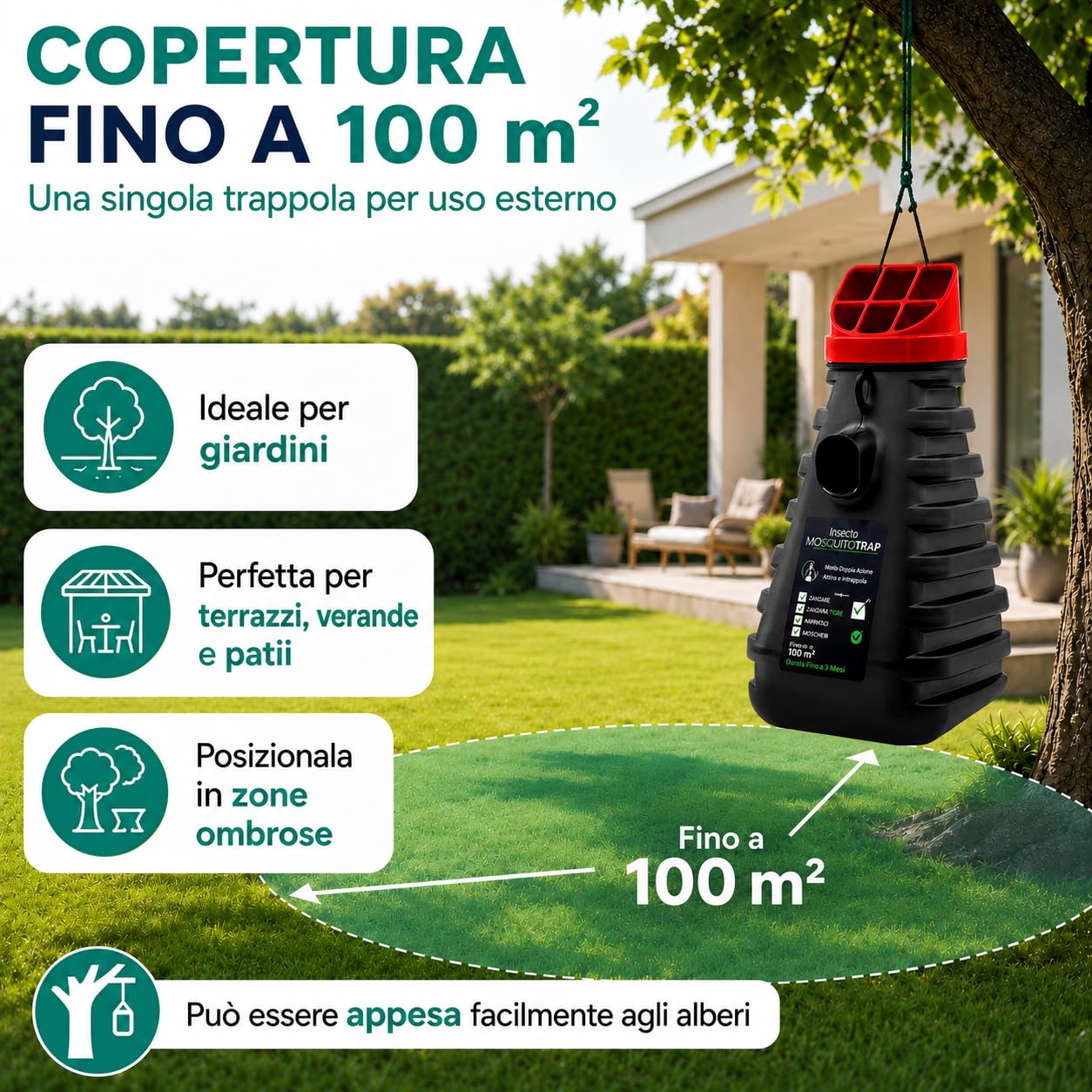 MOSQUITO TRAP | 1 PZ Trappola Zanzare Esterno Efficace 3 Mesi - Larvicida e Adulticida con Tecnologia a Rilascio Lento - Copertura 100mq - Esca Organica Inclusa - Antizanzare Prodotto