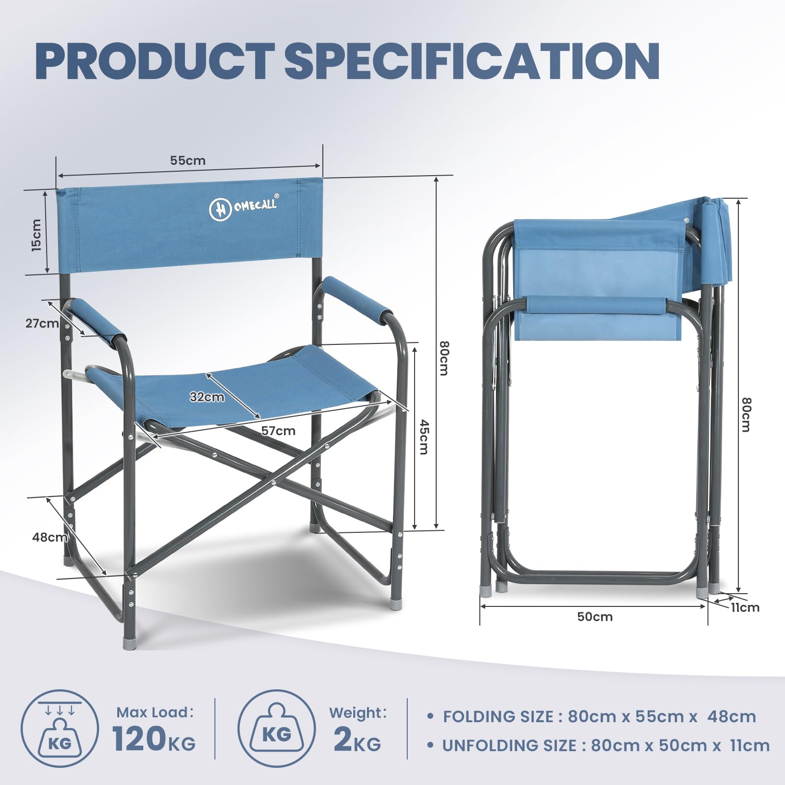 Homecall Chaise de camping pliable en aluminium avec dossier (Bleu)