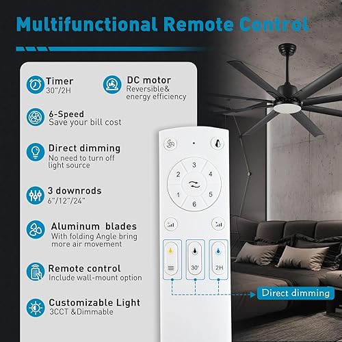 Miniatura 2 de Ventilador Celing de 72 pulgadas con luz y control remoto, ventilador grande con 8 cuchillas de aluminio negro, motor CC silencioso de 6