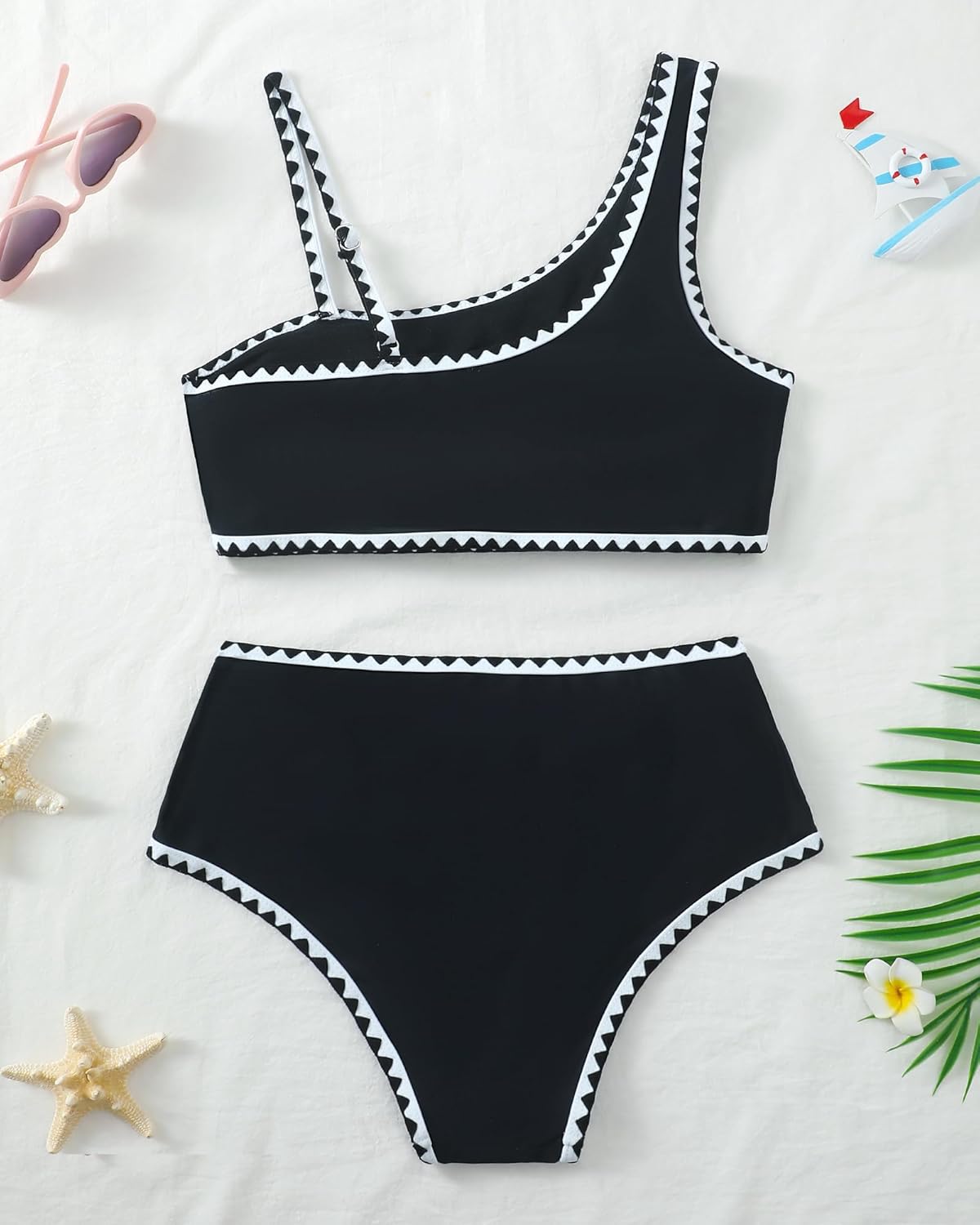 Girls Swimsuit 2 Piece Bikini Set Contrast Trim Bathing Suit Padded Solid Color Swimwear with Adjustable Strap 7-16Y
