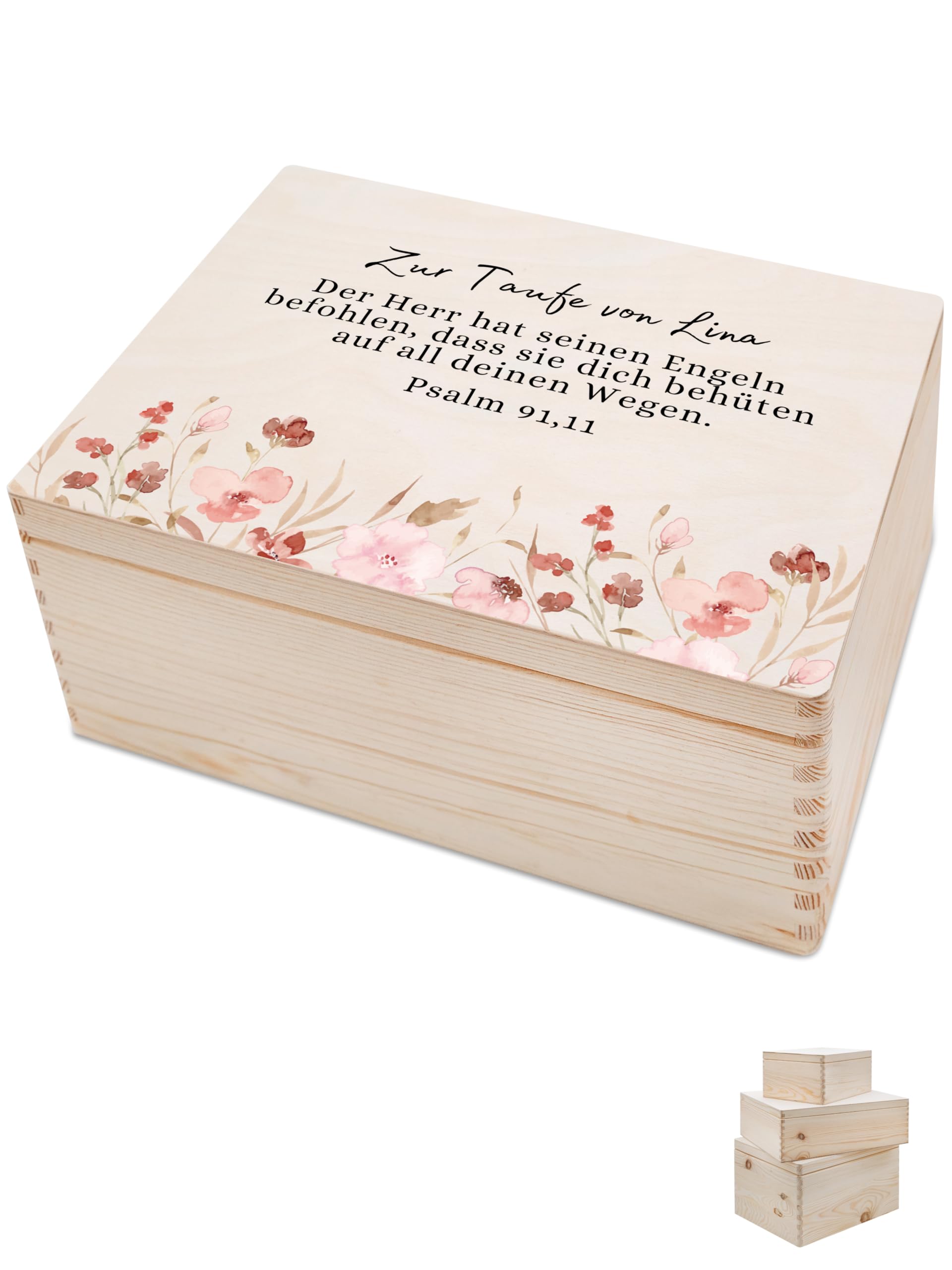Bärenfreunde - Personalisierte Erinnerungsbox Baby mit Spezial-Druck - Individuelle Baby Erinnerungsbox - Erinnerungskiste Taufe - Geschenk zur Taufe (M flach | Klappdeckel,Taufpsalm Blumen)