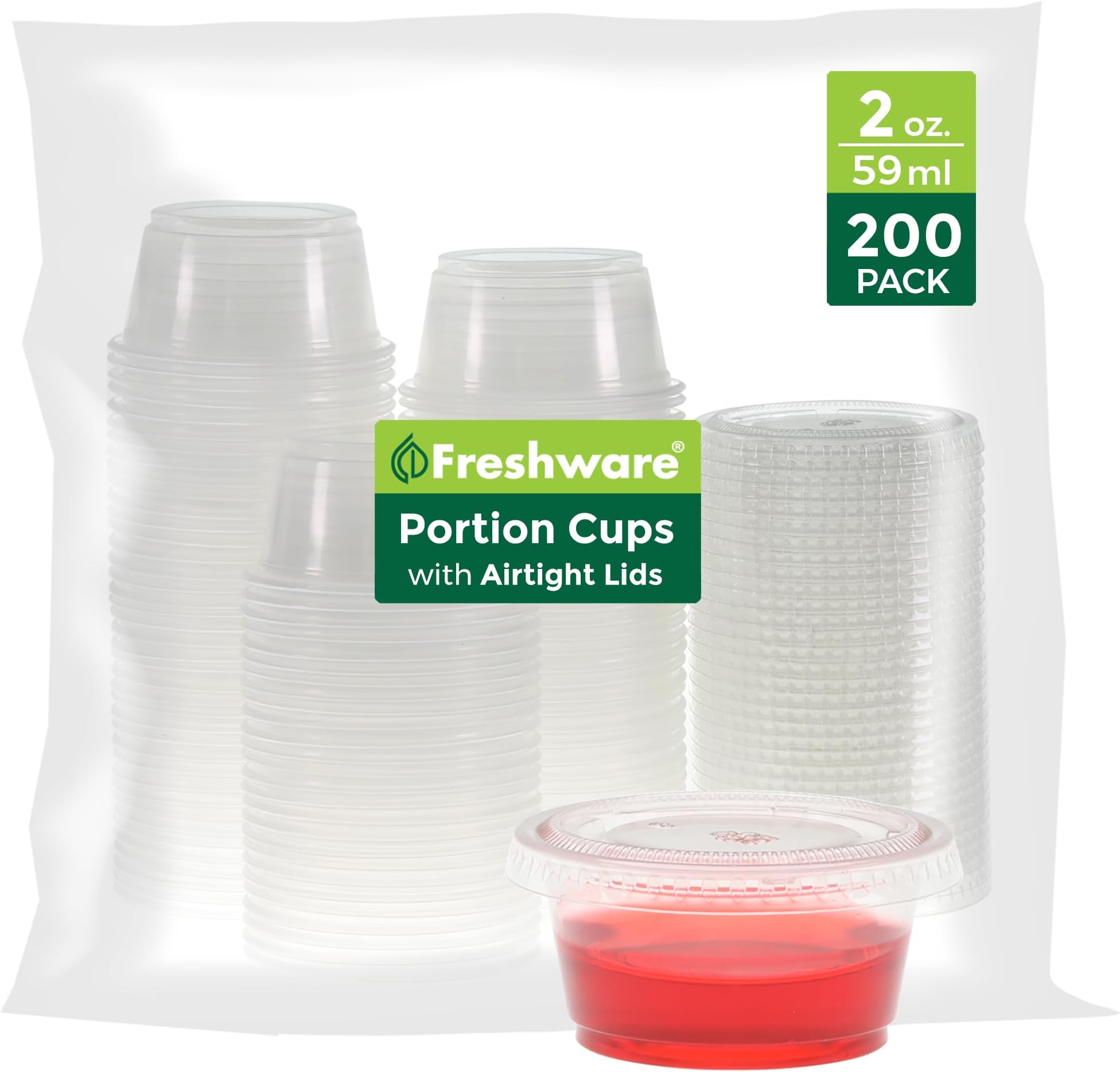 Plastic Portion Cups with Lids [2 Ounce, 200 Sets] Disposable Plastic Cups for Meal Prep, Salad Dressing, Jellos Shot Cups, Souffle Cups, Condiment and Dipping Sauce Cups