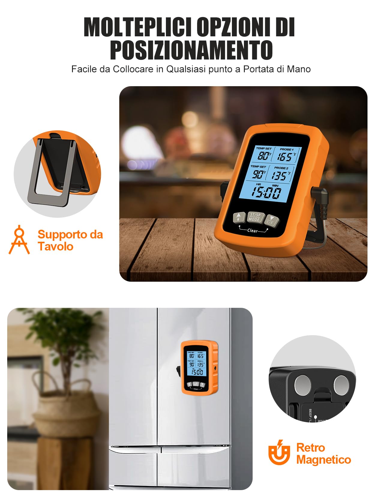 CIRYCASE Termometro Cucina Doppia Sonda 16.3cm, Termometri Barbecue Lettura Rapida & Precisa, Termometri da Vino Forno Auto Spegnimento con Schermo LCD Digitale e Impostazione Allarme per BBQ Grill