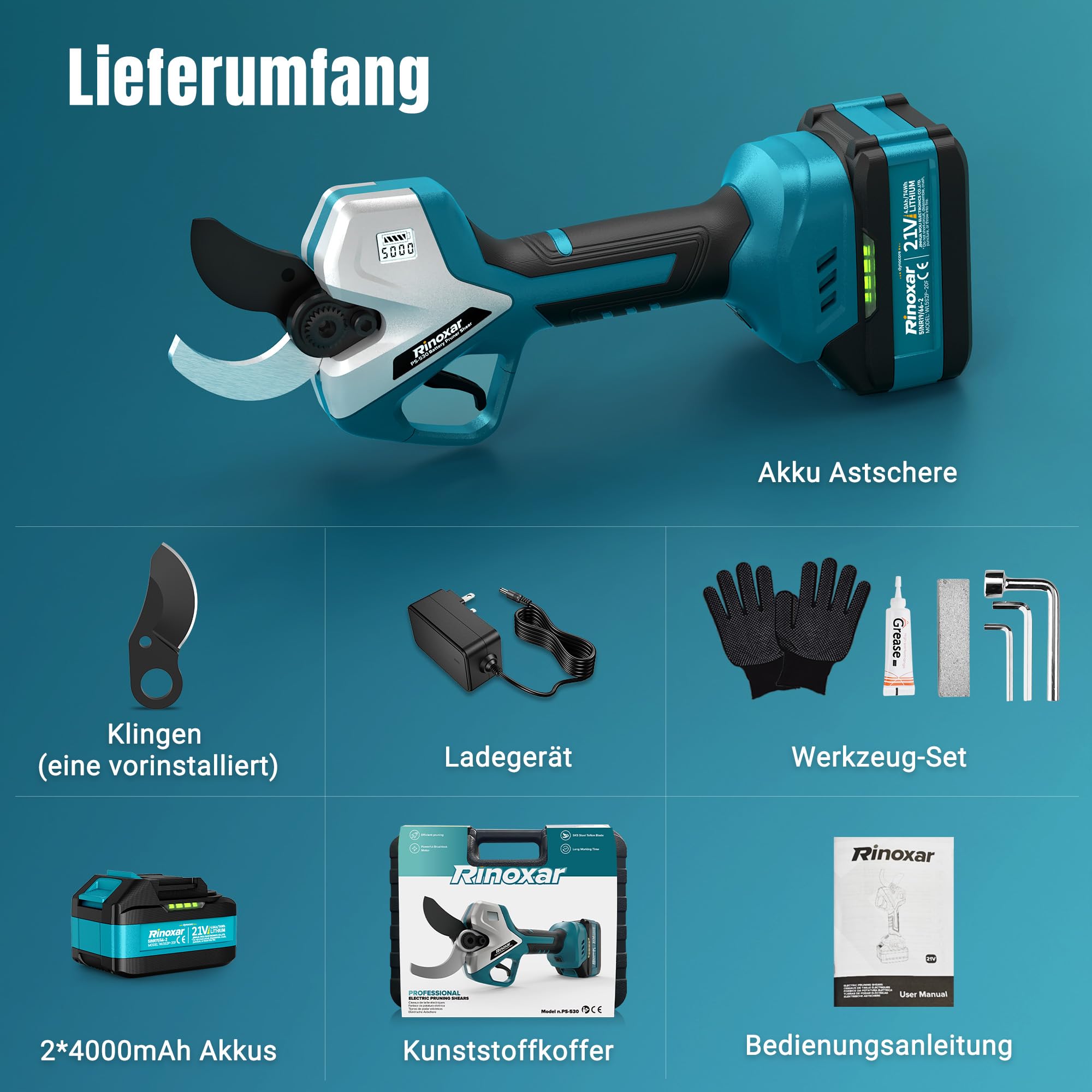 Akku Astschere 50 mm Profi, Elektrische Gartenschere Kabellos mit 2 x 4000 mAh Akku, Bürstenloser Motor, LCD-Display, Astschneider für Garten, Äste und Obstbäume