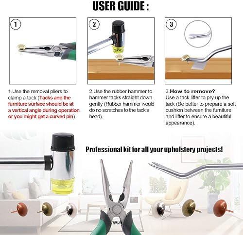 Miniatura 7 de Hilitchi 5 herramientas de tapicería de doble cara martillo de mazo suave con dos cabezales de repuesto, tachuelas decorativas, levantador de clavos