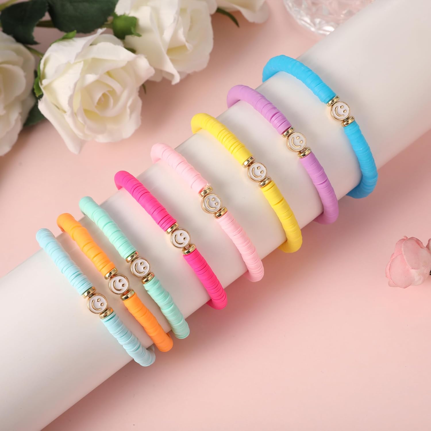 Preppy Bracelets Set Colorful White Gold Smile Heart Star Polymer Beaded Pearl Clay Stackable Charm Y2K Kidcore Aesthetic Summer Beach Bohemian Stretch Layering Bracelets Jewelry for Girls Women Teens - Image 6