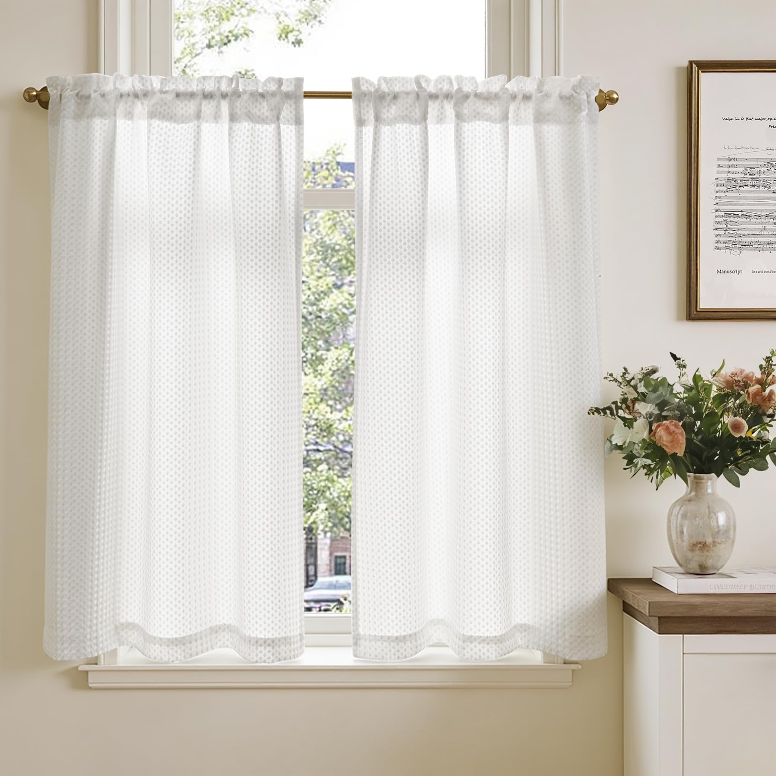 TOPICK Küchenvorhang, Wohnzimmer, mit Waffelmuster, für den Außenbereich, Kurzfenster, Vorhänge, Scheibengardinen, Dekoration, Terrasse, Schlafzimmer, Schrank