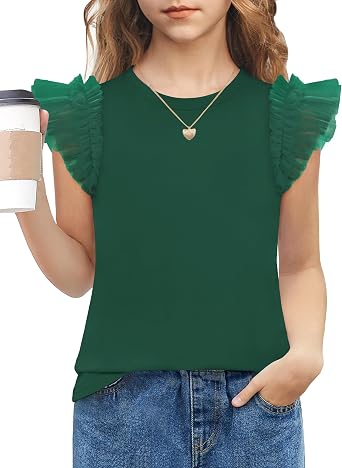 Arshiner Shirts for Girls with Mesh Flying Short Sleeve Blouse Tops Tees