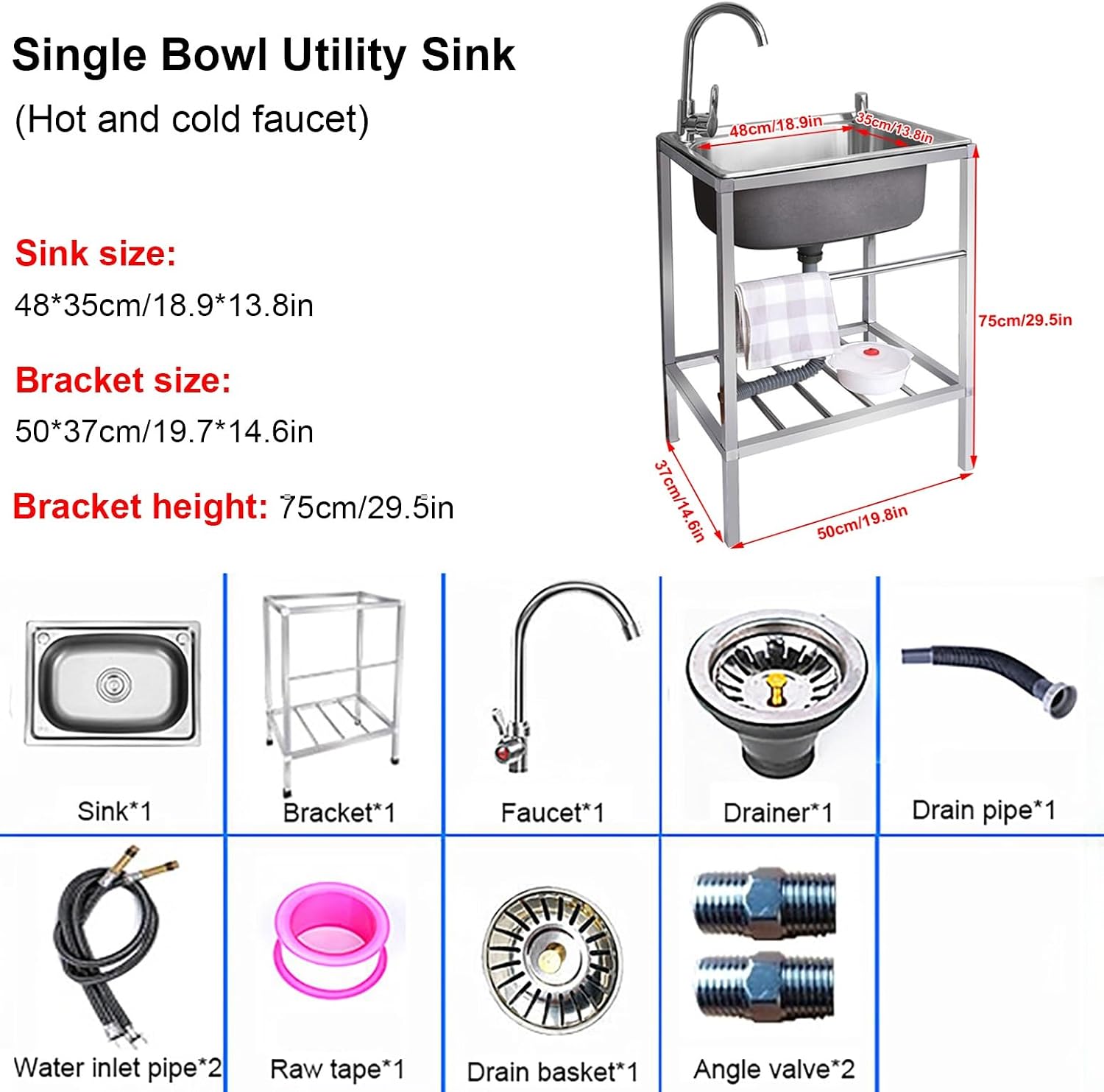 Outdoor Stainless Steel Utility Sink, Free Standing Stainless Steel Sink, Camping Sink Station Portable, with Storage Shelve and Faucet, for Restaurant, Bar, Laundry, Garage, Backyard(19.7*14.6*29.5in