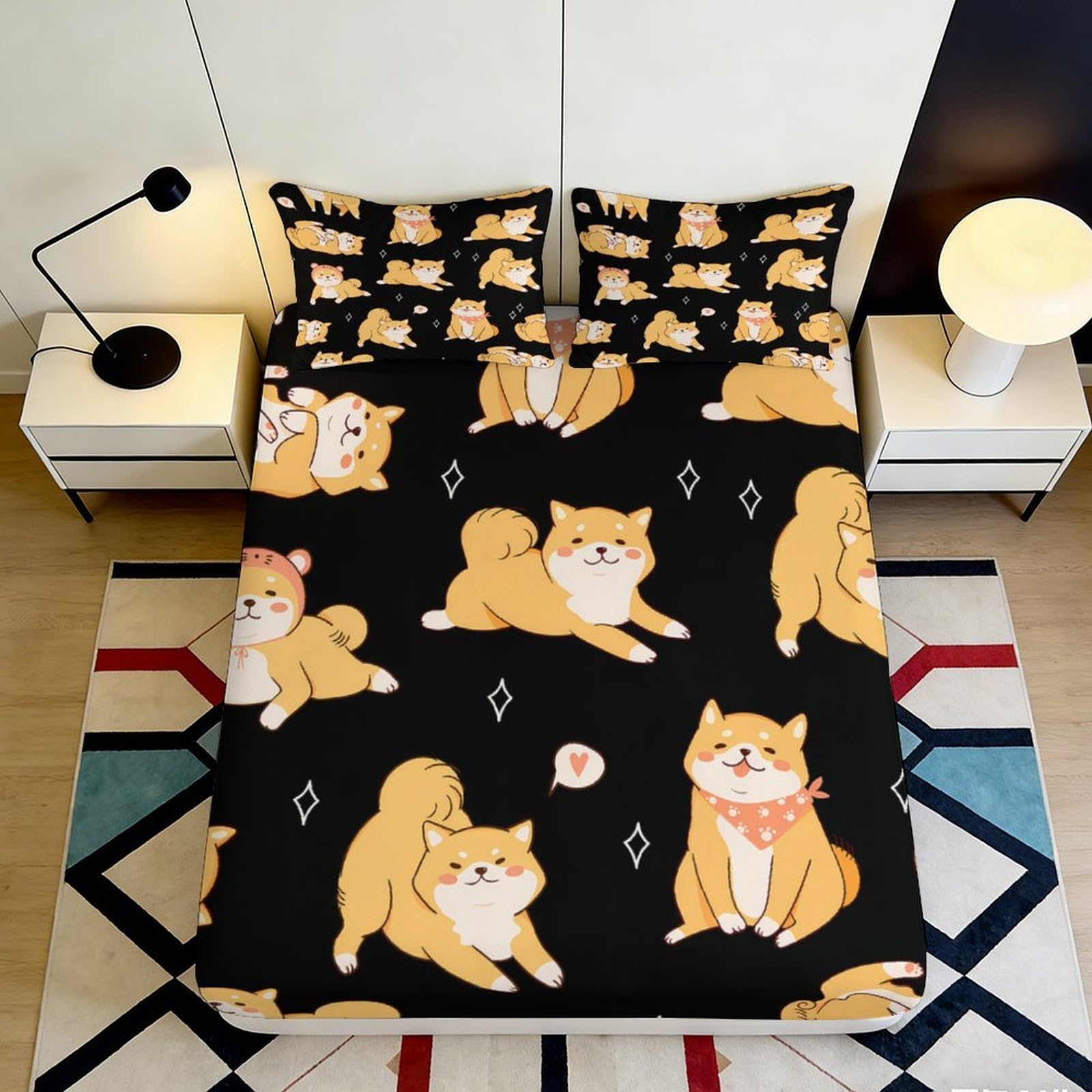 3D Printed Shiba Inu Dog Fitted Sheet Microfiber Soft Black Cartoon Animal Mattress Cover for Bedroom Dorm 90x200x25cm