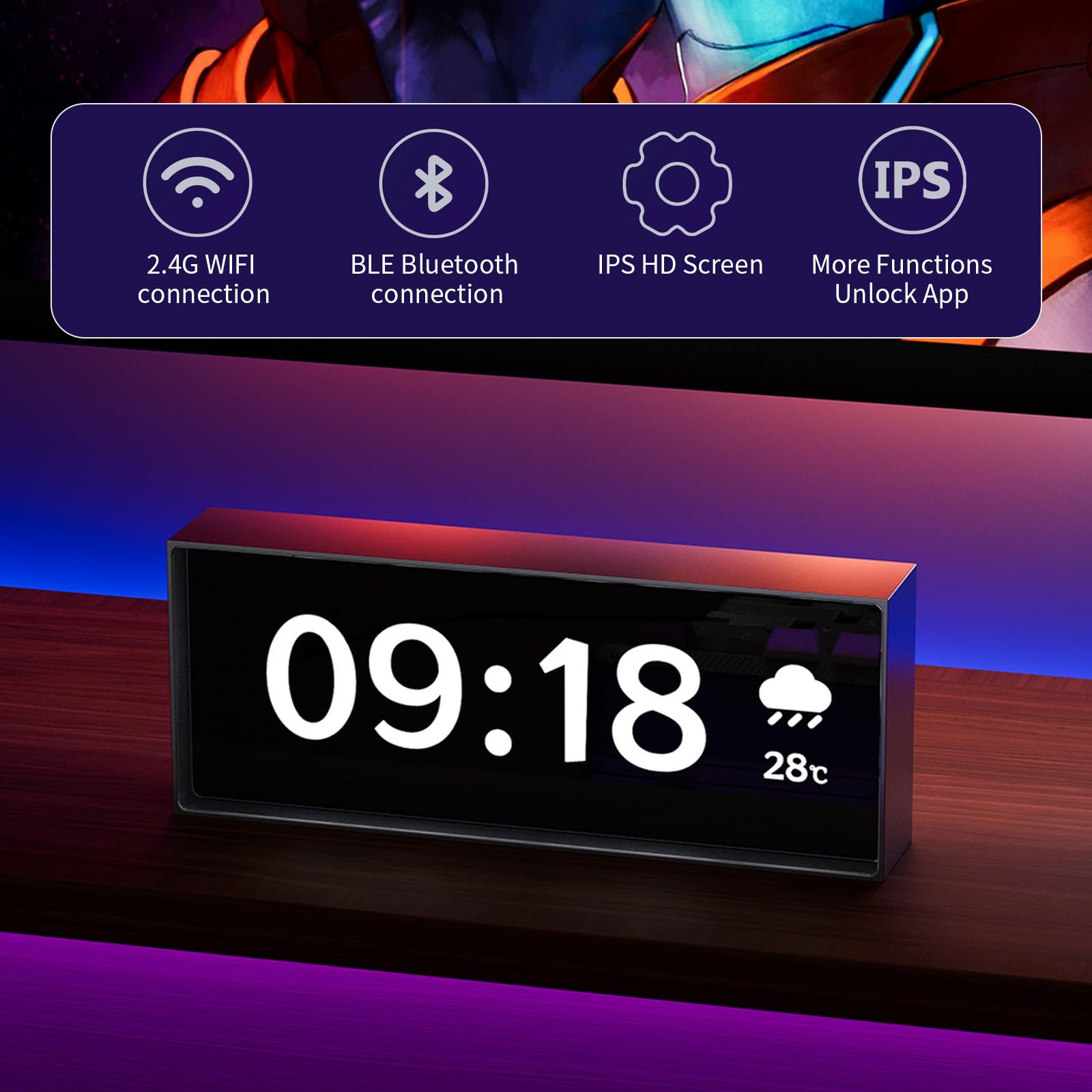 Reloj despertador digital con LED, reloj despertador digital con clima, reloj de tubo con control de aplicación, 5 modos de visualización de la hora, pantalla de fotos personalizada, reloj