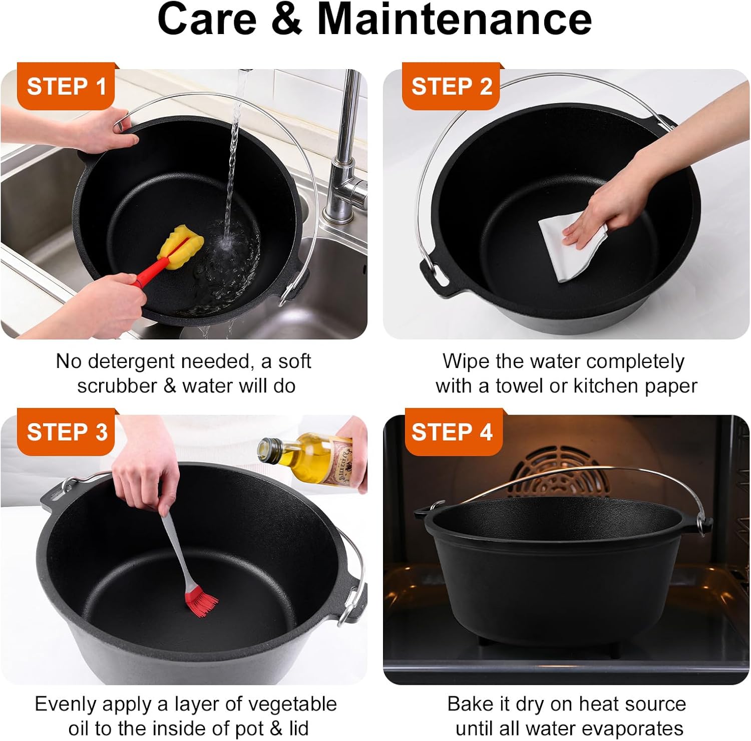 8QT Pre-Seasoned Cast Iron Camp Dutch Oven with Lid, Large Camping Dutch Oven Pot with Tripod Stand, incl. Lid Lifter - Dual Handles - for Outdoor Campfire, Grill, Oven & Stovetop Cooking-Black