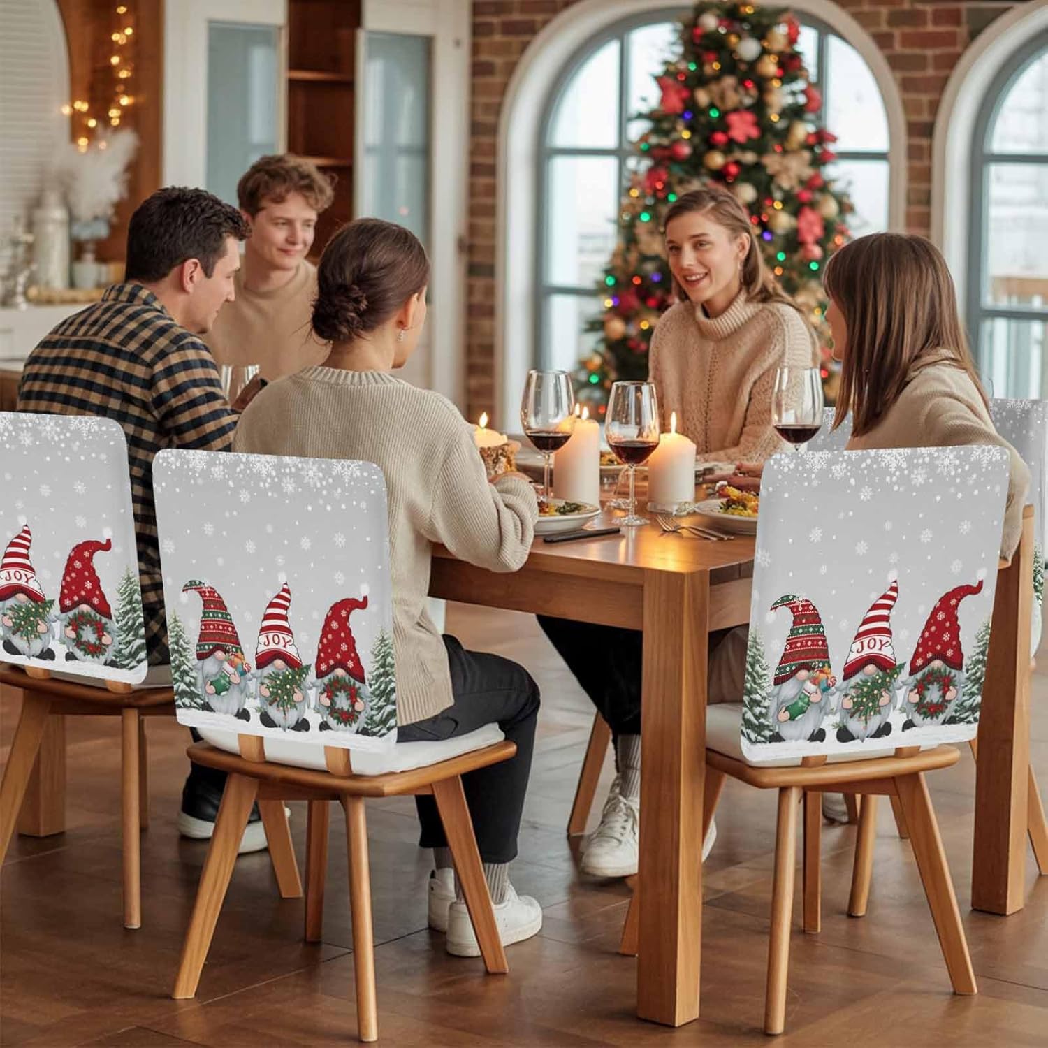 Savannan Dining Chair Back Covers, Christmas Tree Gnome Snowman Snowflake Winter Snow Gray Chair Covers Chair Slipcovers Protective Covers for Holiday Party Festival Decoration, Set of 4