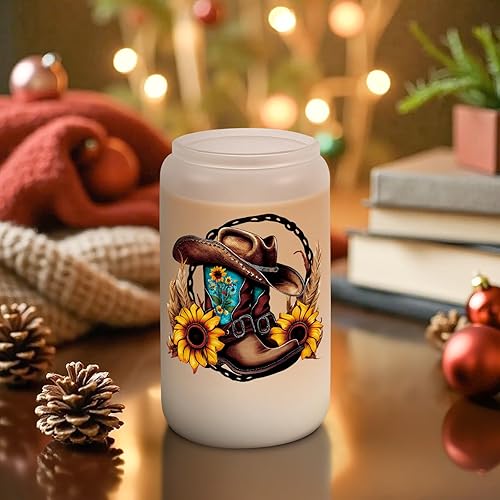 Miniatura 8 de LEADO Tazas de sombrero de vaquera occidental, tazas de vidrio con botas de vaquera, tazas de café helado helado esmerilado de 16 onzas con tapa y