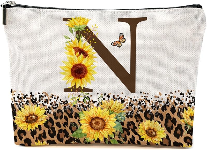 Necessaire de maquiagem BQXH com inicial N e estampa de girassol