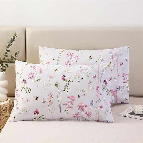 URBONUR Juego de 2 fundas de almohada 100% algodón tamaño estándar con estampado de abejas y flores rosas de jardín, fundas de almohada suaves y