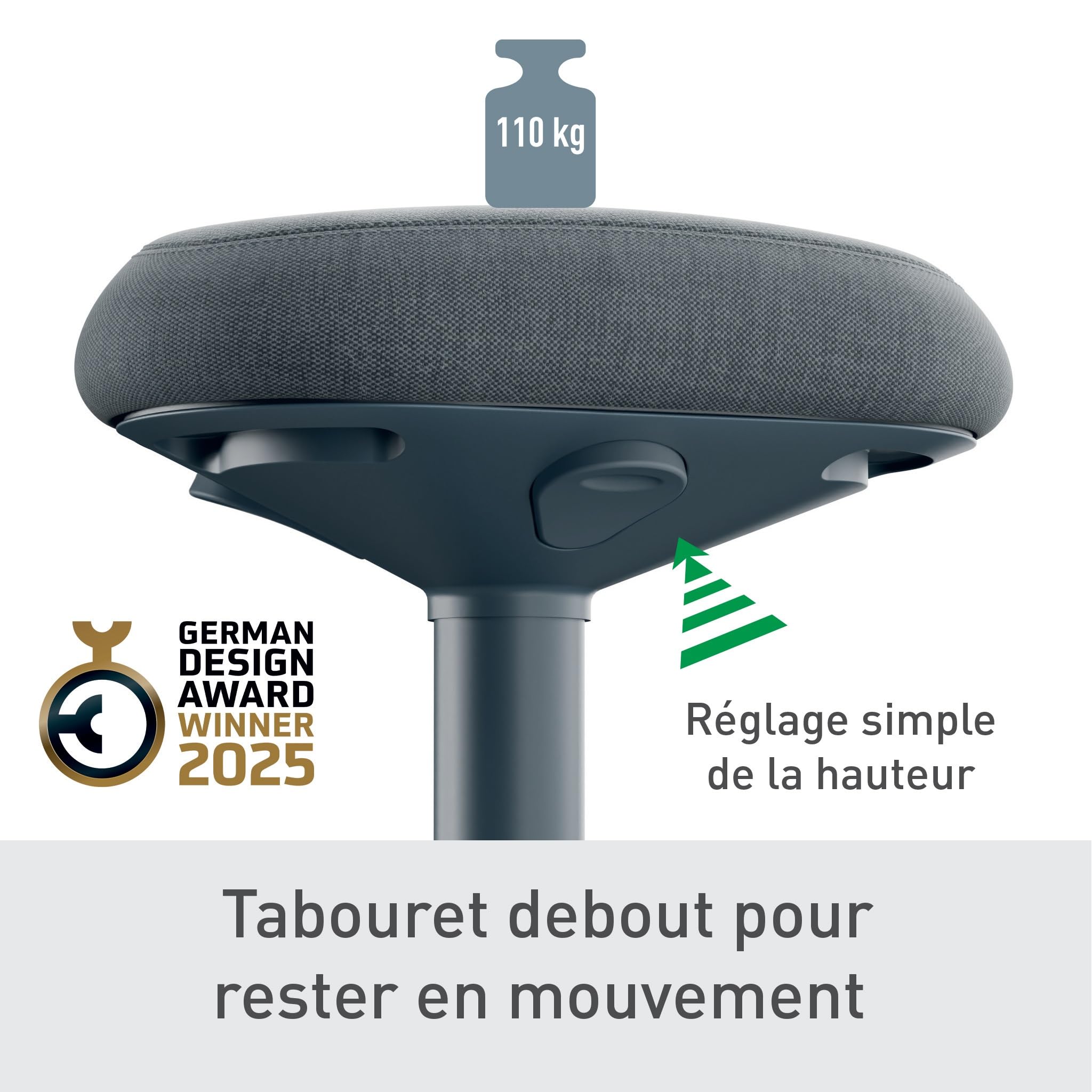 Leitz, Tabouret Assis-Debout Ergonomique, Pivotant & à bascule, Hauteur réglable de 57 à 82 cm, Chaise / Siège de bureau, Supporte jusqu'à 110kg, Gamme Ergo, Gris foncé, 65450089