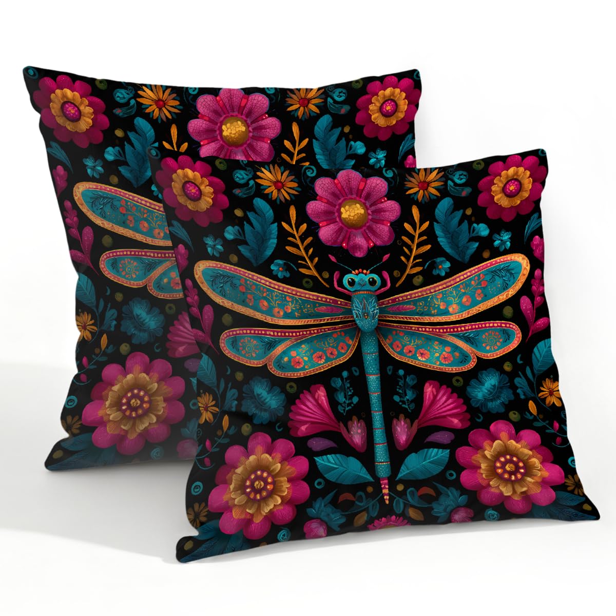 Outdoor Pillow Covers Waterproof Pillowcases 22x22in Set of 2 Colorful Floral Dragonfly Decorative Throw Cushion Case for Couch Sofa Garden Patio Furniture