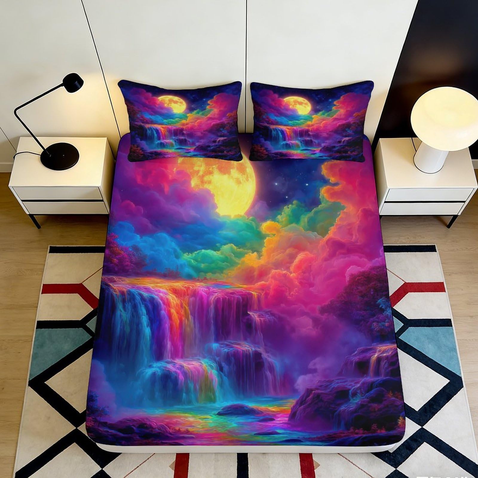 Pnayamiorkfel Style-6 3D Printed Dreamy Moon Waterfall Fitted Sheet Microfiber Soft Colorful Night Mattress Cover Bedroom Decor 90X200x25cm