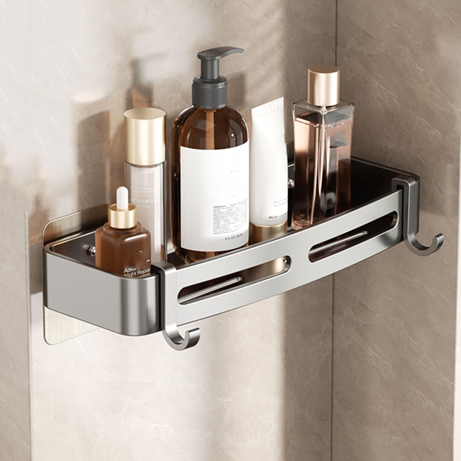 SRURLLUG Shower Caddy Bathroom Shelve Adhesive Shower Caddy Organizer Shelves Rack With Hooks No Drilling Rustproof Wall Mounted