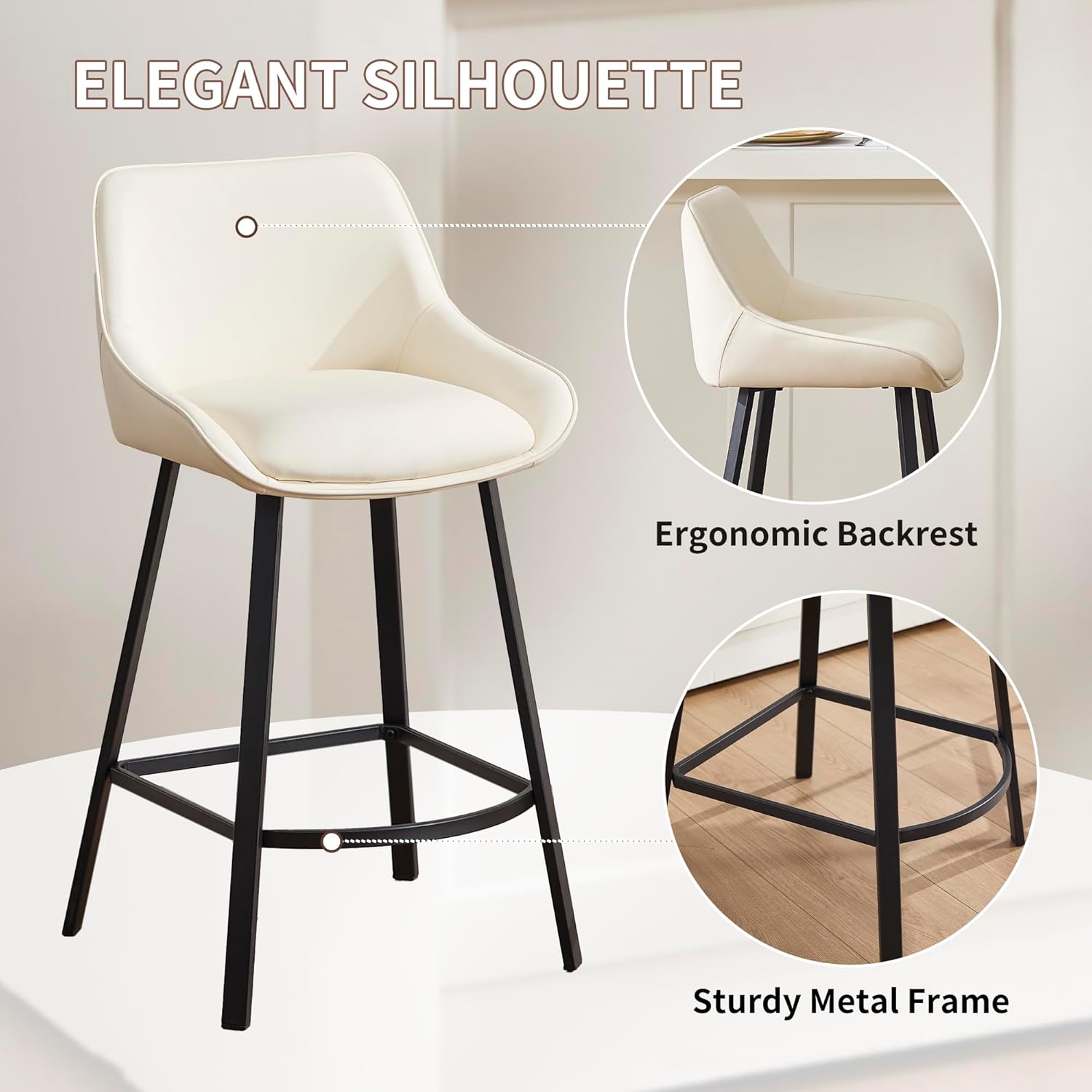 VipDesk 26" Modern Bar Stools Set of 2, Faux Leather Upholstered Counter Height Bar Chairs with Back Support, Square Metal Frame for Kitchen Island, Dining Room, Home Bar - Cream White