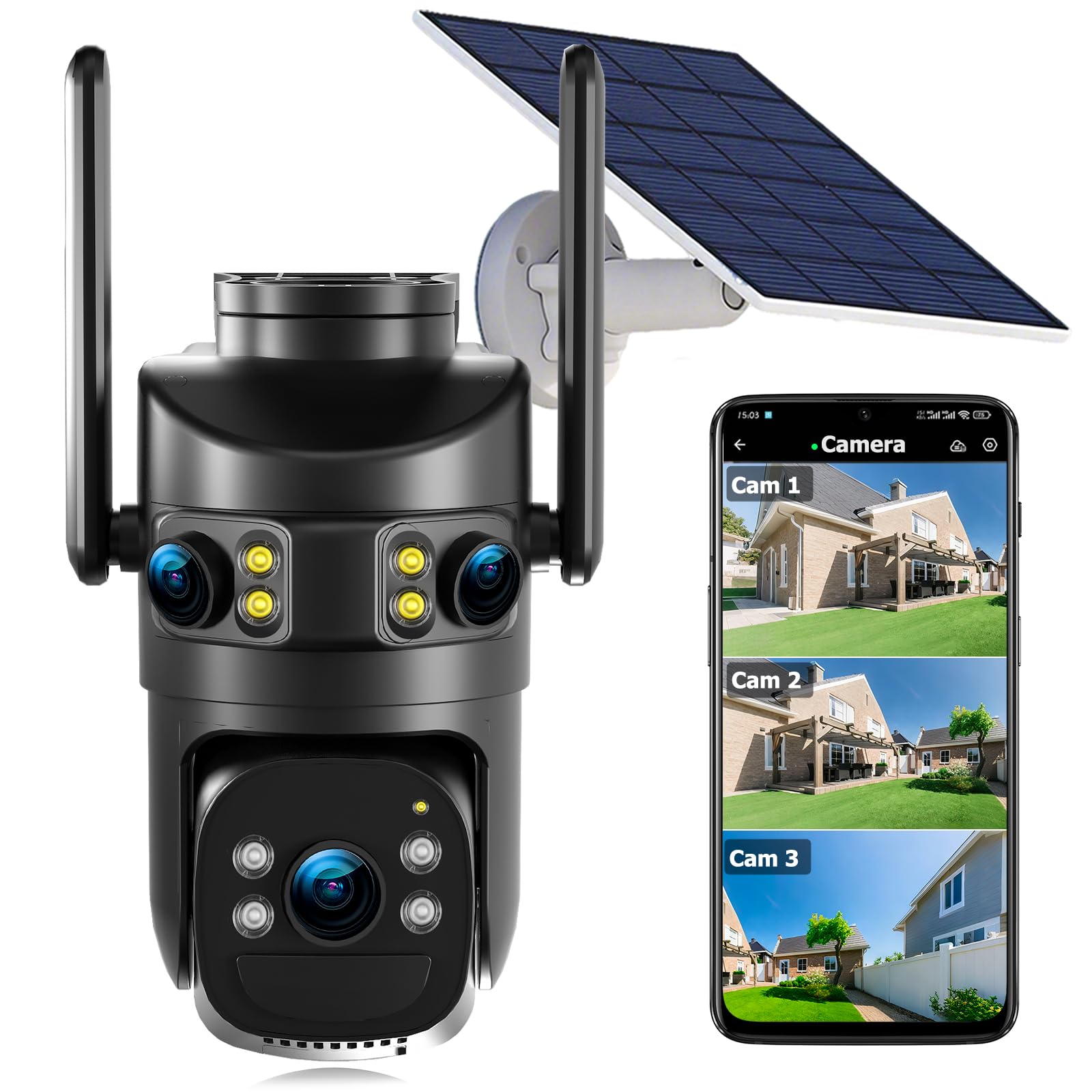 Triple Lens Solar Security Cameras Wireless Outdoor, 2.4G/5G WiFi, 360° View Pan/Tilt Camera for Home Security with 6MP Color Night Vision, PIR Motion Alarm,Spotlight Siren,2-Way Audio,Easy to Install | Security Camera-image-3
