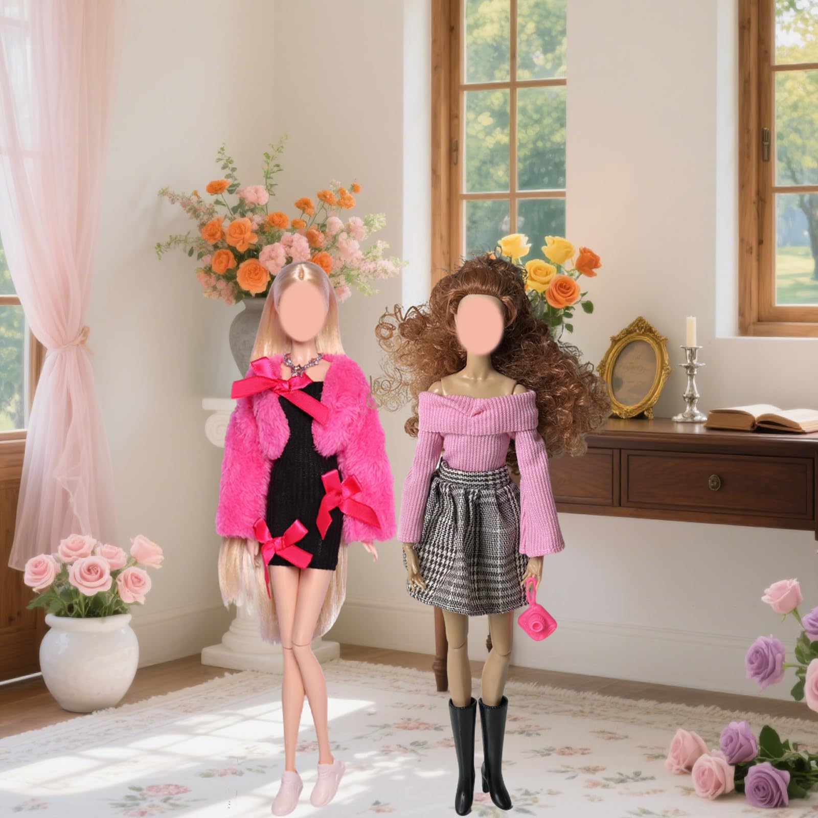 24 Pcs Doll Clothes Accessories Set, 11.5‑Inch Fashion Doll Outfit with Houndstooth Skirt, Black Coat & Windbreaker, Shoes - Image 3