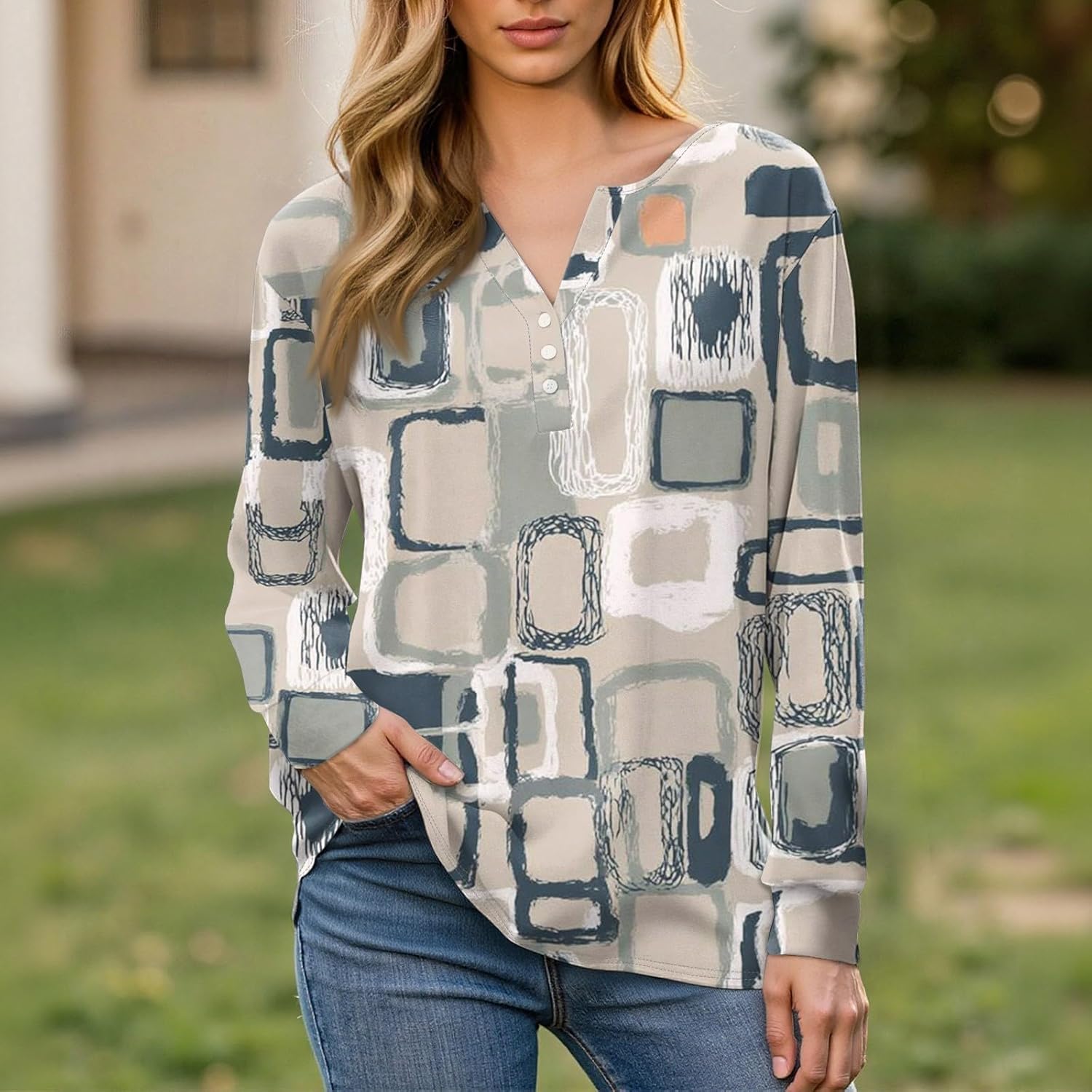 Kenvina Women's T-Shirts Button Down Tunic Tops Long Sleeve Blouse Henley V Neck Fall Clothes Basic Tees Pullover Blouses - Image 3