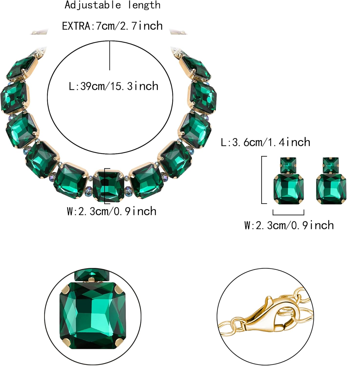 Flyonce Square Crystal Statement Jewelry Sets for Bride, Sparkly Bejeweled Rhinestone Choker Necklace Earrings Set for Women Lady