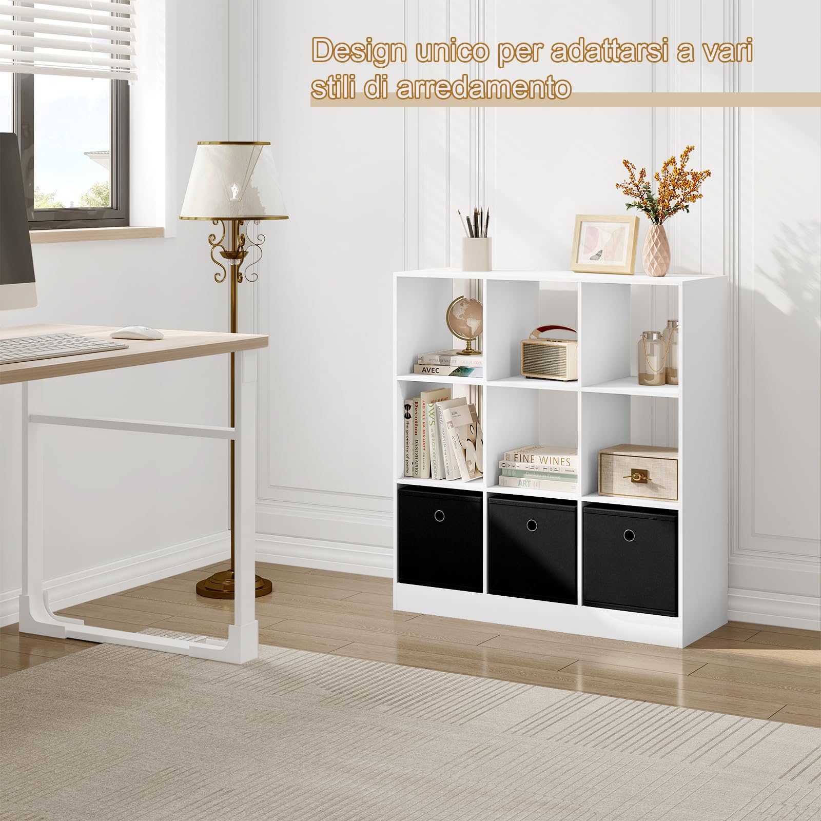 WOLTU Libreria Bianca, Libreria a 9 Cubi Portaoggetti, Scaffale in Legno con 3 Cassetti in Tessuto Non Tessuto, per Soggiorno, Camera da Letto, Ufficio, 80x30x86,5 cm, SK041ws