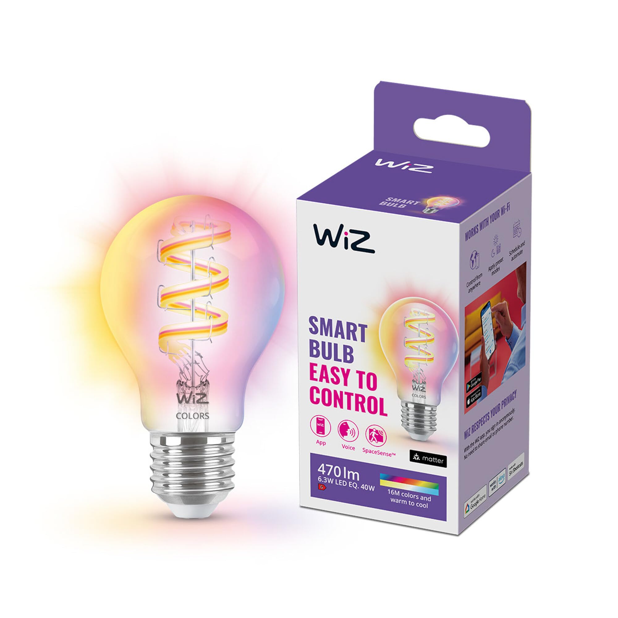 WiZ Tunable White and Color żarówka LED filament E27 (470 lm), lampa 40 W z 16 mln kolorów lub ciepłe lub zimne białe światło, inteligentne sterowanie światłem przez Wi-Fi za pomocą głosu/aplikacji