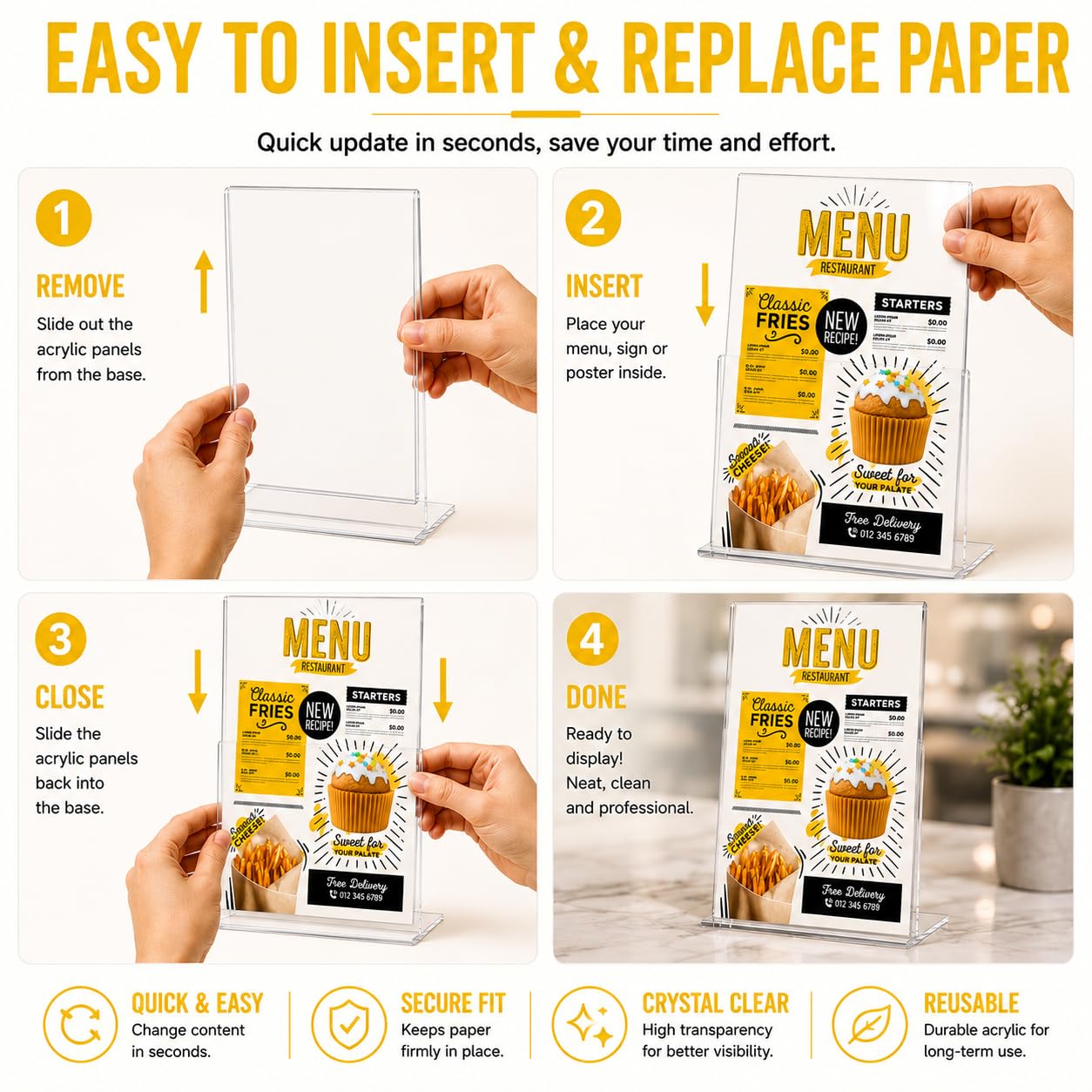 Lot de 10 Document A4 Incliné en Acrylique Transparent – Porte-affiche en L pour table, publicité, cadre photo, pancartes, brochures, dépliants, menus, affichage. Maison, bureau, magasin