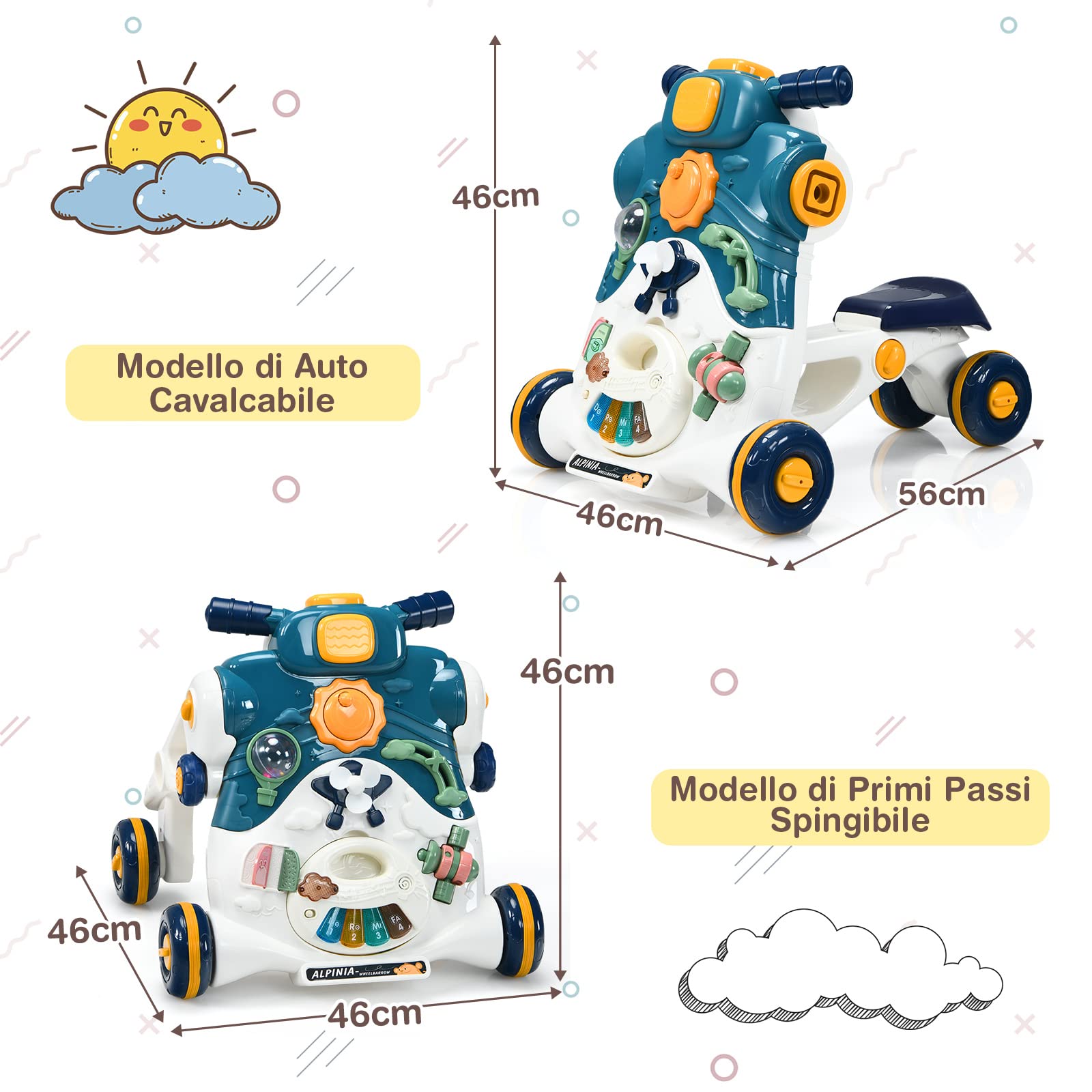 RELAX4LIFE 3 in 1 Primi Passi Spingibile, Scooter Cavalcabile con 4 Ruote Antiscivolo e Centro Attività con Giocattoli, Suoni, Tastiera Staccabile, 6-36Mesi(Blu)
