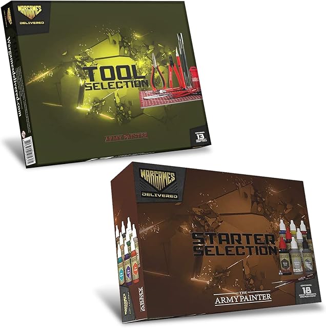 The Army Painter - Wargames Delivered Starter Miniature Paint Set and Model Tool Kit - 18 Acrylic Model Paints, 2 Hobby Brushes, and 9 Model Kit Tools: Cutters, Files, Tweezers, Model Drills, and Mat