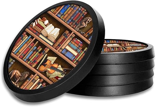 Posavasos antideslizantes de silicona con almohadilla de fieltro absorbente impresa extraíble, juego de 4 libros en la biblioteca, imagen de Dan