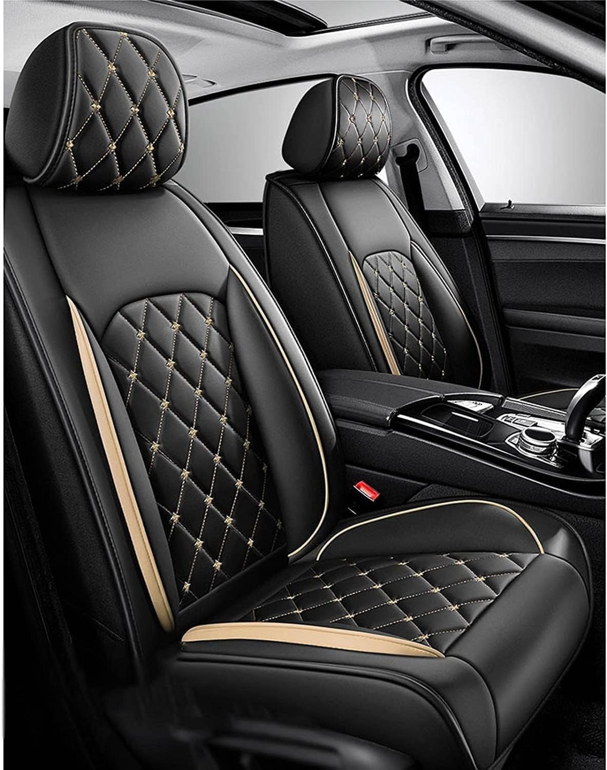 Faozhuo Funda Universal Car Seat Covers Set of 5, Full Cover Leather-Like Protectors for Driver and Passenger Seats, Gold