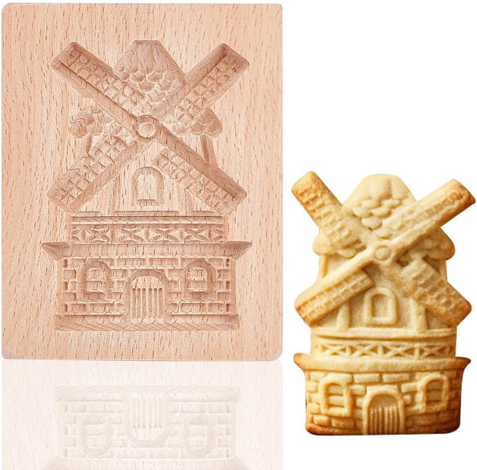 GOMAKRER 1 Pcs Carved Wooden Windmills Cookie Mold, Kitchen Wooden Cookie Cutter 3D Biscuit Press Stamp Molds Gingerbread Cookie Stamp for Christmas Kitchen DIY Baking Tools