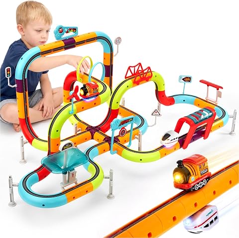 hahaland Electric Train Set for Kids 3D Anti-Gravity Race Track - 115PCS | Dual-Side Cube Race Track, Two Motorized Cars Featuring Sound & Lights, Rail STEM Train Toys Birthday Gifts for Toddlers 3+