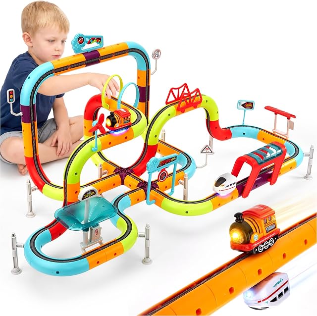 hahaland Electric Train Set for Kids 3D Anti-Gravity Race Track - 115PCS | Dual-Side Cube Race Track, Two Motorized Cars Featuring Sound & Lights, Rail STEM Train Toys Birthday Gifts for Toddlers 3+