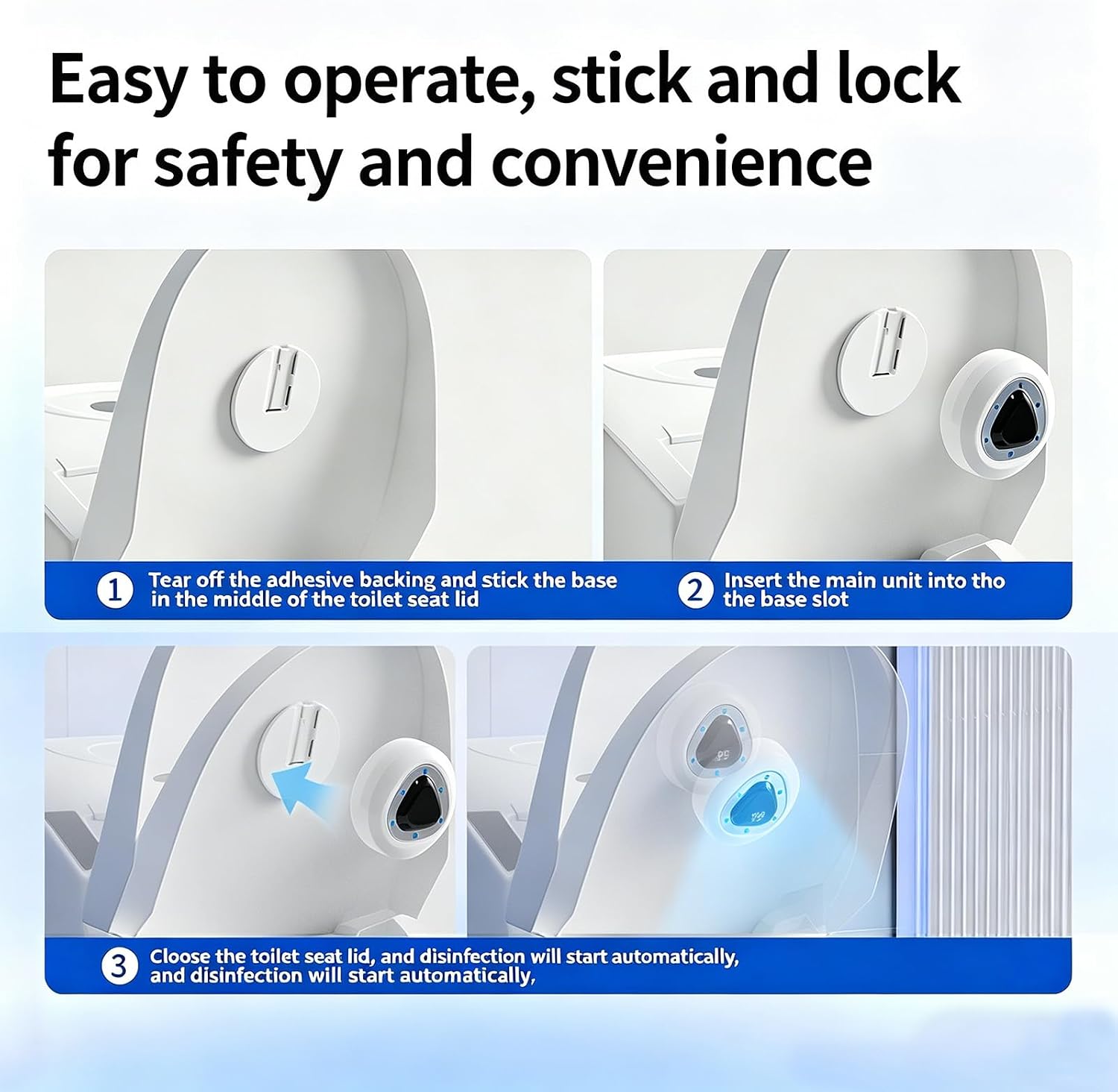 Automatic sensor-activated toilet sanitizing light,rechargeable,doubles as a night light,self-adhesive installation,180° coverage; ideal for public restrooms and seniors