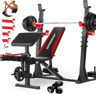 OPPSDECOR Weight Bench Set with Leg Extension and Curl, 900LBS Profesional Bench Press Set and Barbell Rack with Safety Spotter Catches, Preacher Curl Workout Benches for Home Gym