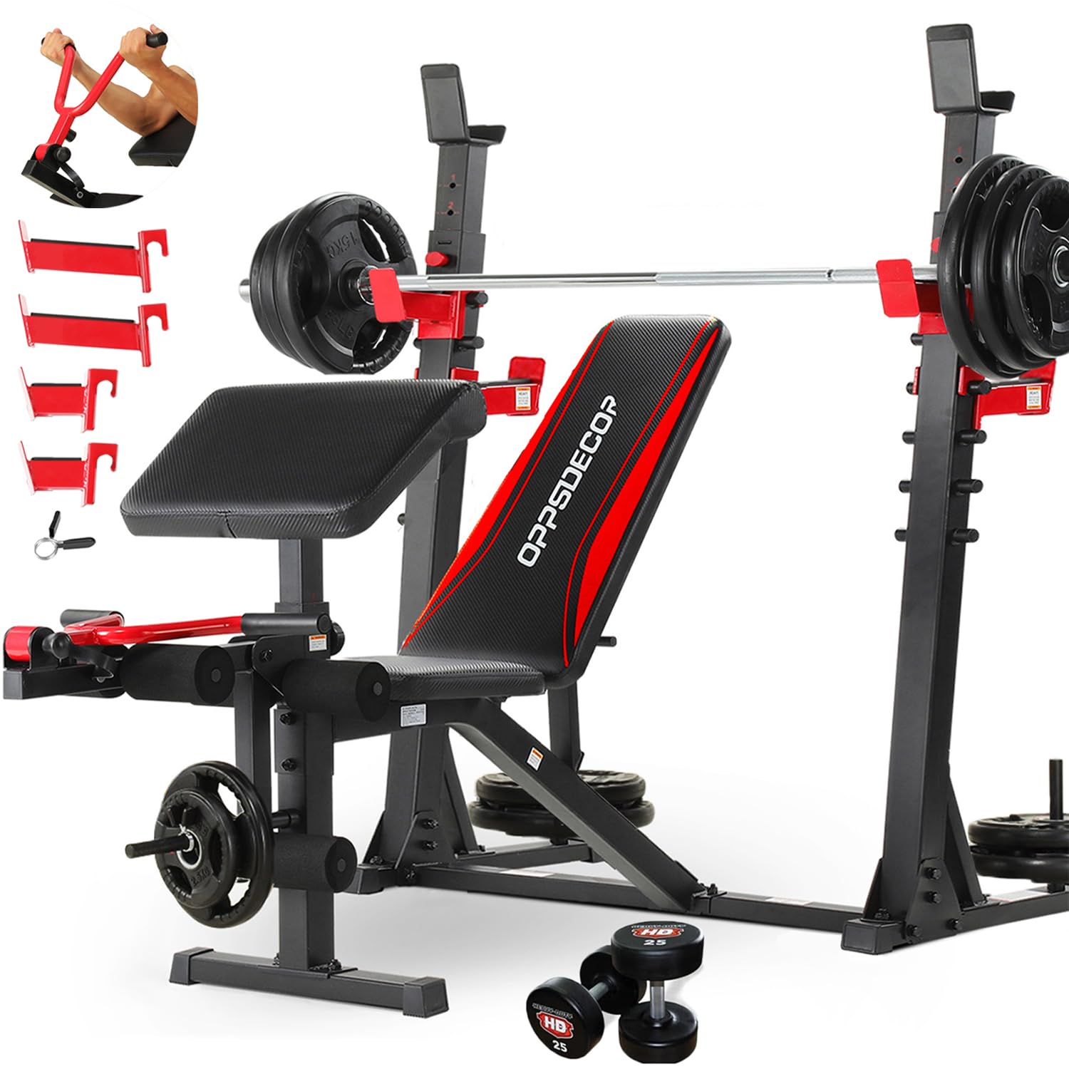 OPPSDECOR Weight Bench Set with Leg Extension and Curl, 900LBS Profesional Bench Press Set and Barbell Rack with Safety Spotter Catches, Preacher Curl