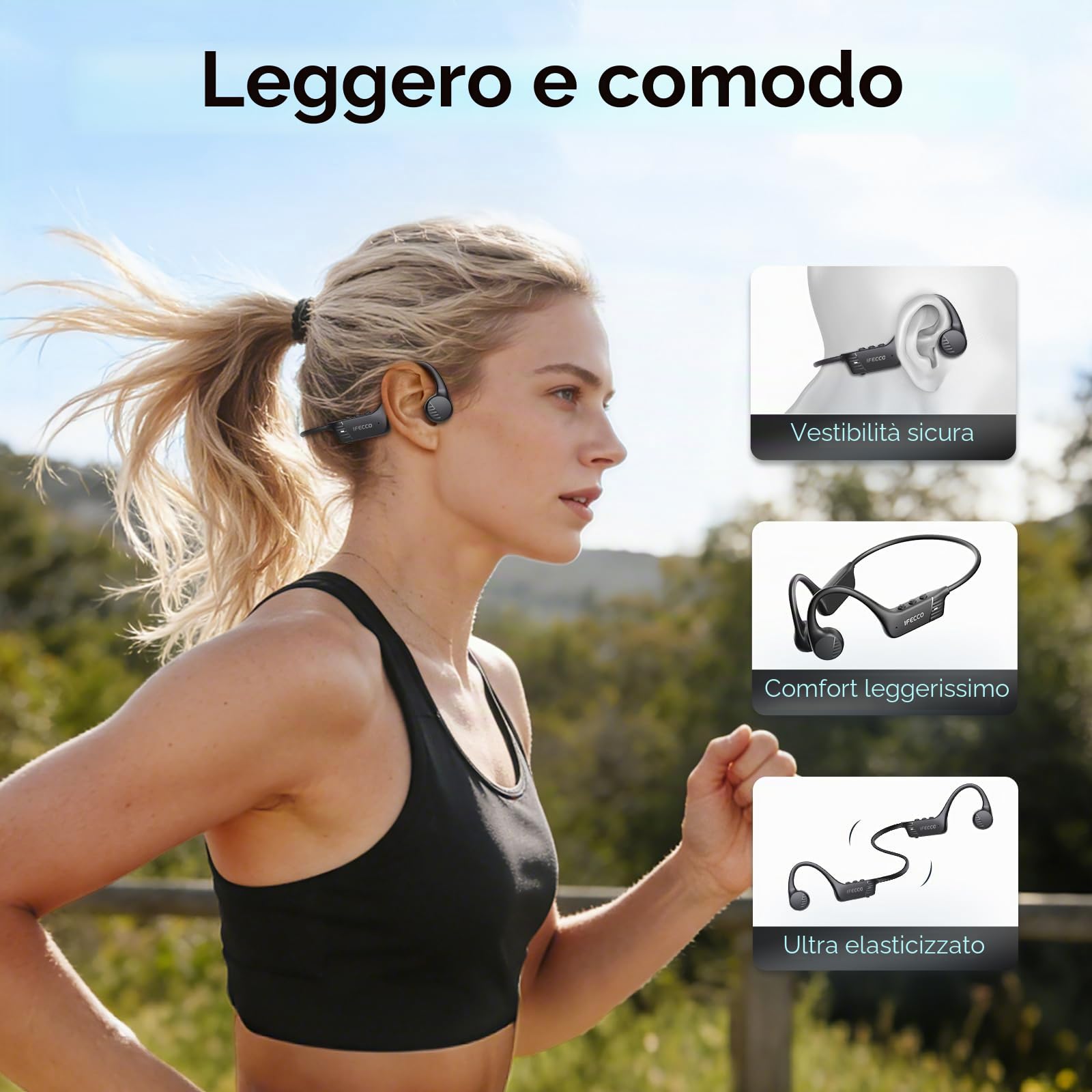 IFECCO Cuffie Conduzione Ossea Wireless 6.0 – IPX67 Impermeabili Auricolari a Conduzione Ossea con Microfono, Cuffie Sportive Senza Fili per Ciclismo, Corsa e Allenamento