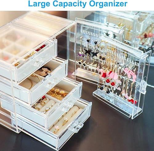 Miniatura 5 de Caja organizadora de joyas de acrílico, soporte transparente para aretes, cajas colgantes de joyería con 4 cajones de terciopelo para aretes,