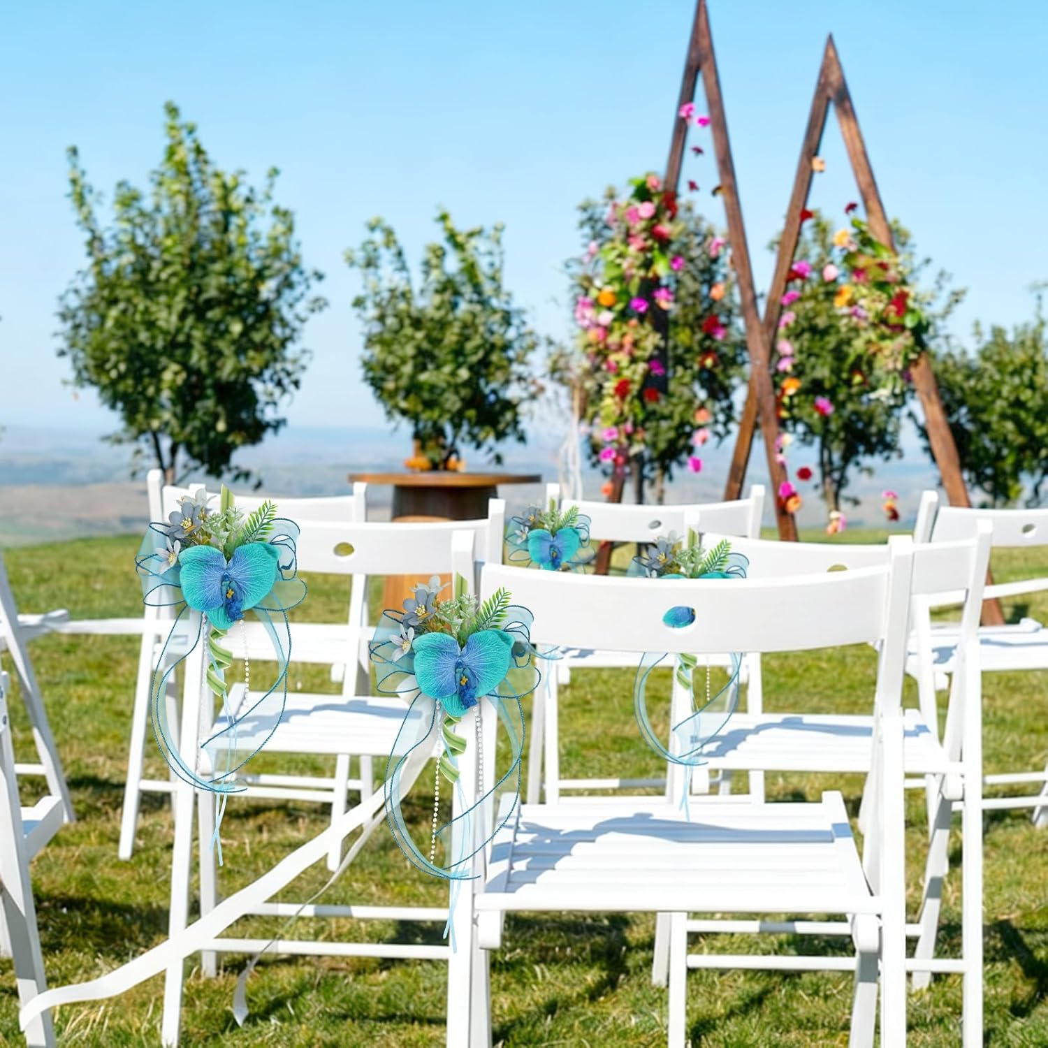 6 Pcs Wedding Aisle Decor, Artificial Blue Orchid Flowers Chair Decor Wedding Flowers Chair Back Ribbon Bow Decorations for Wedding Ceremony Party Church Event
